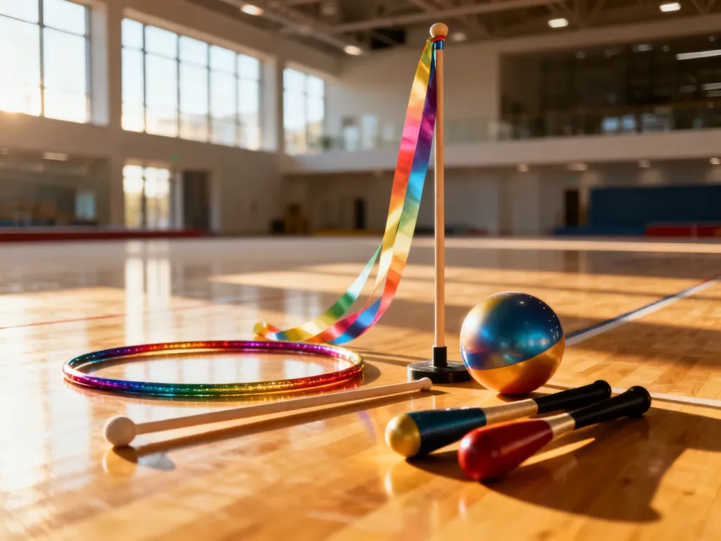 Profesjonalne przybory do gimnastyki artystycznej: obręcz, wstążka, piłka i maczugi ułożone na parkiecie sali sportowej.