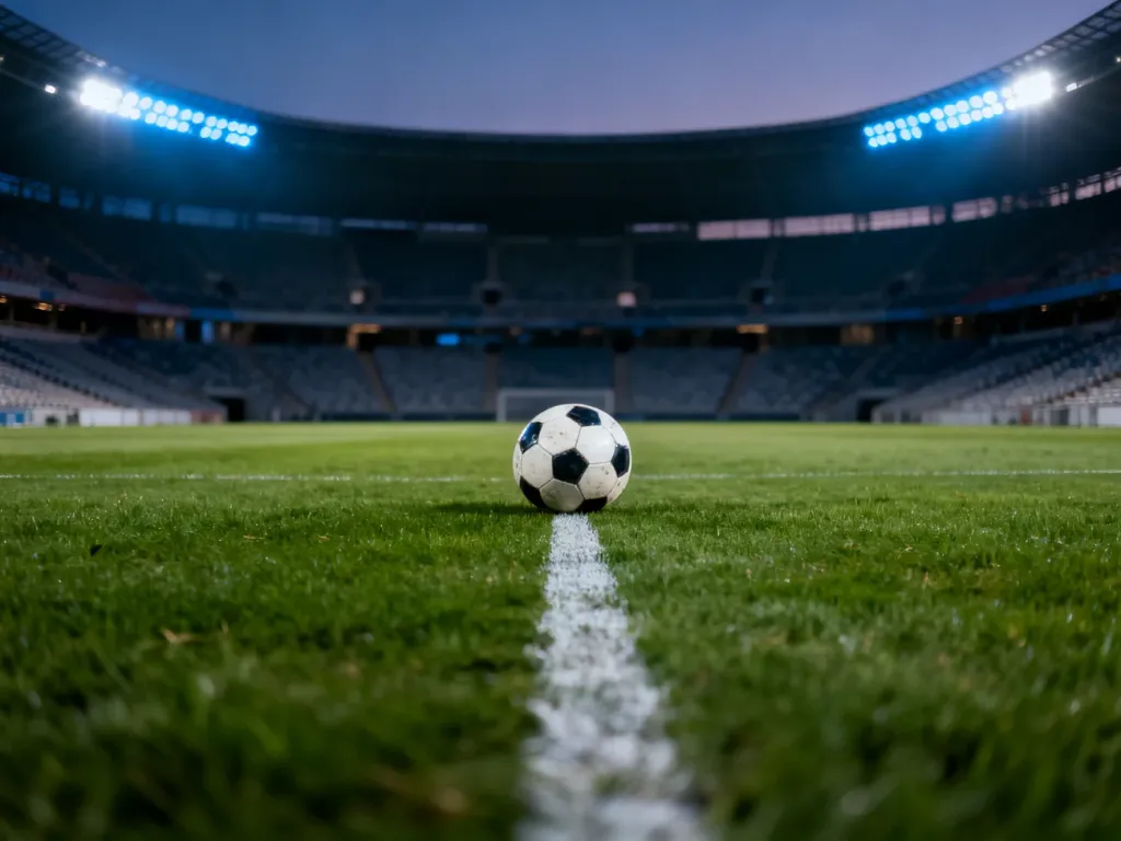 Pusta murawa stadionu piłkarskiego o zmierzchu z samotną piłką na środku boiska, symbolizująca odwołany mecz.