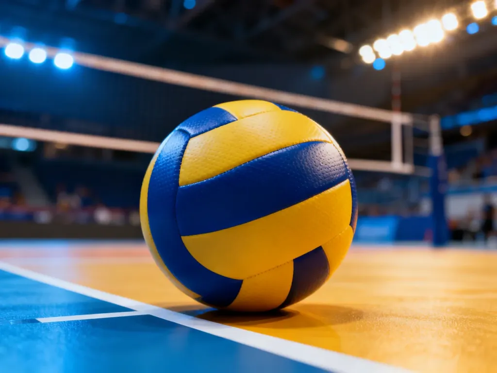 Profesjonalna piłka do siatkówki spoczywająca na linii boiska przed decydującym setem w atmosferze sportowej rywalizacji.