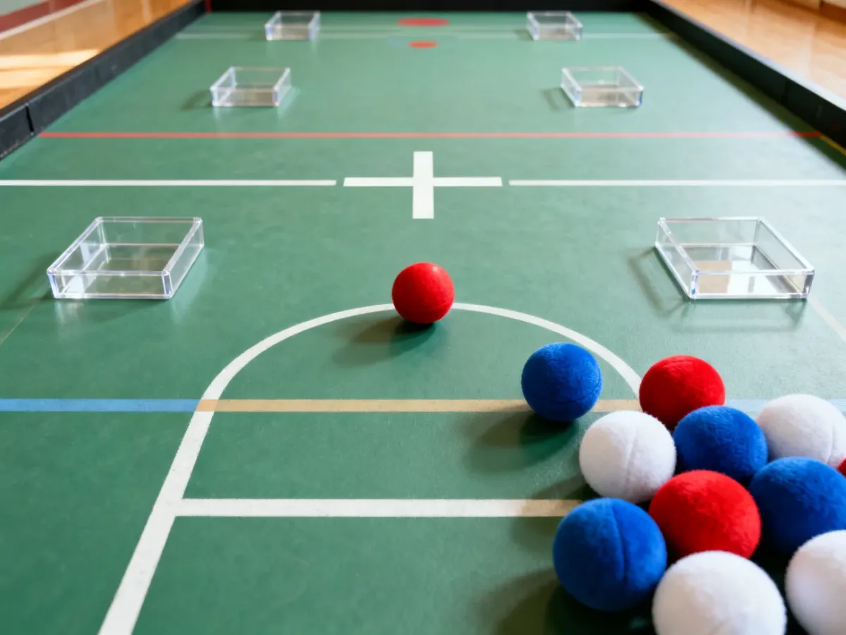 Boisko do boccia z kolorowymi bilami i oznaczeniami pól