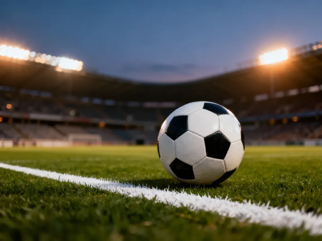 Piłka na murawie stadionu w świetle jupiterów, sugerująca przerwę w meczu piłkarskim.