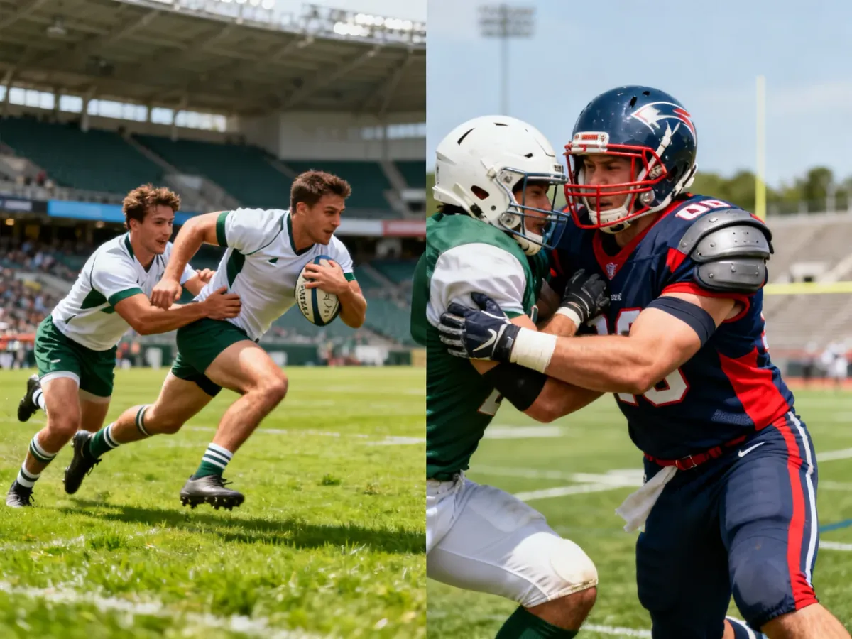 Porównanie zawodników rugby bez twardych ochraniaczy i futbolu amerykańskiego w pełnym wyposażeniu
