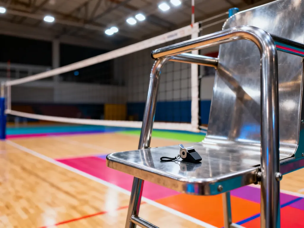 Wysokie stanowisko sędziowskie przy siatce na hali sportowej z widocznym gwizdkiem, gotowe do prowadzenia meczu siatkówki.