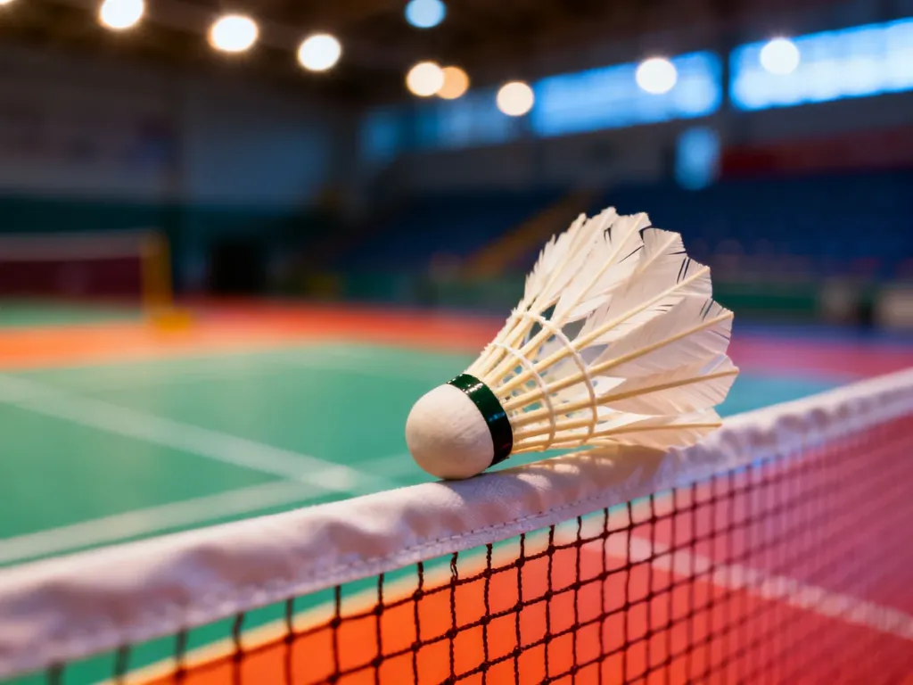 Lotka do badmintona spoczywająca na siatce kortu w hali sportowej, symbolizująca dynamikę i zasady gry.