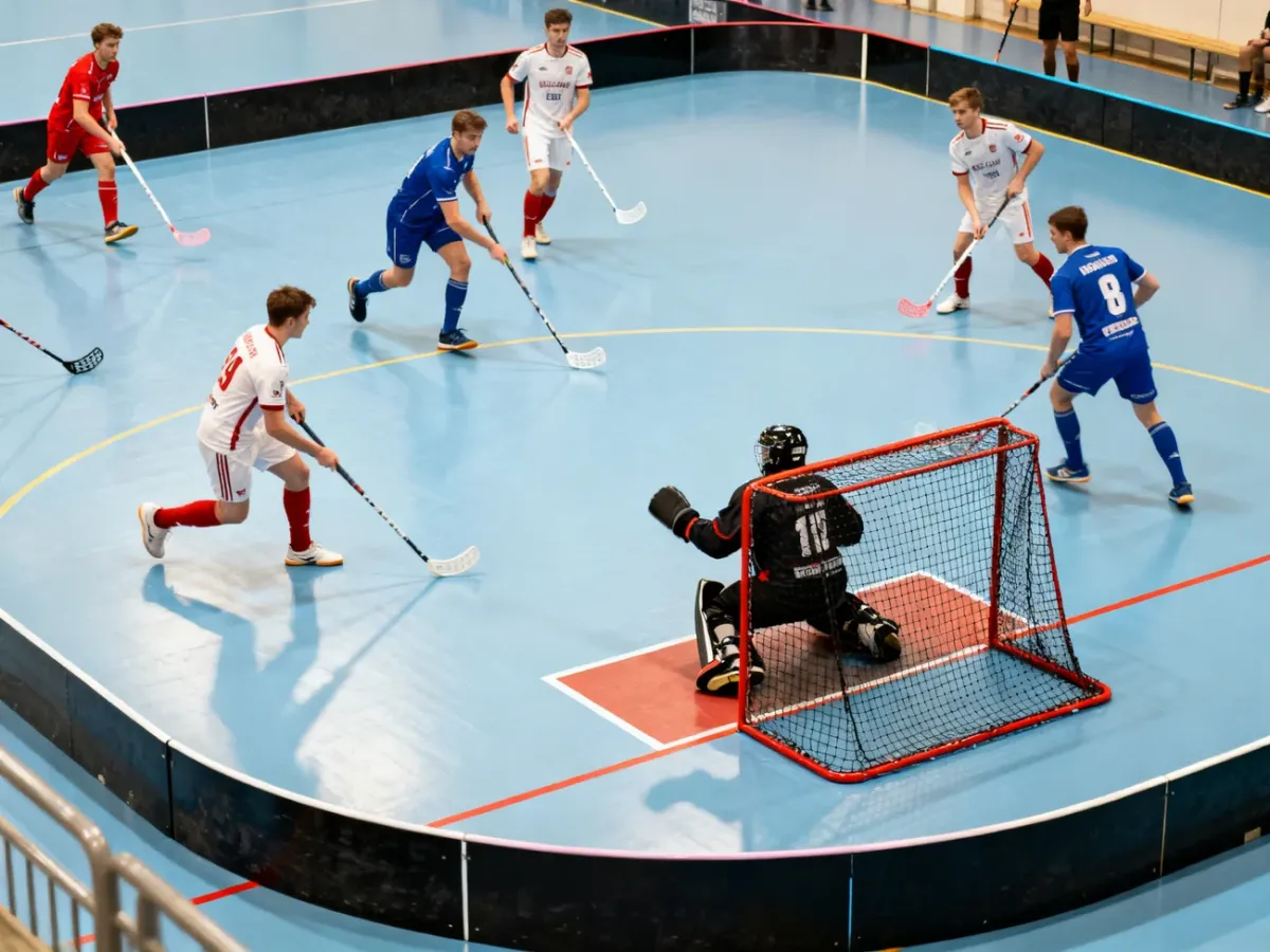 Mecz unihokeja rozgrywany w hali sportowej