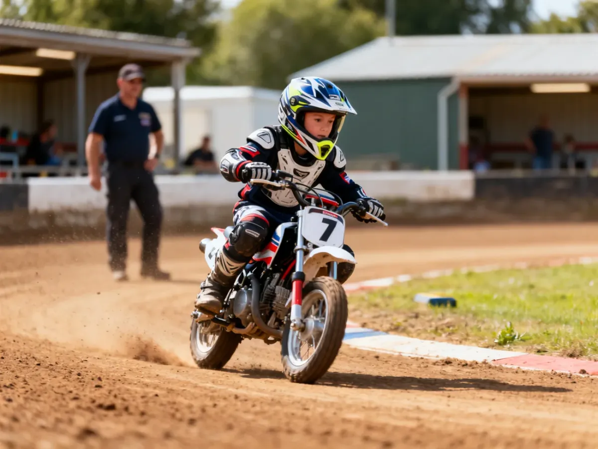 Młody adept żużla podczas treningu na małym motocyklu pod okiem klubu