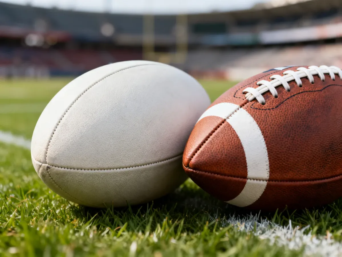 Piłka do rugby i piłka do futbolu amerykańskiego na murawie