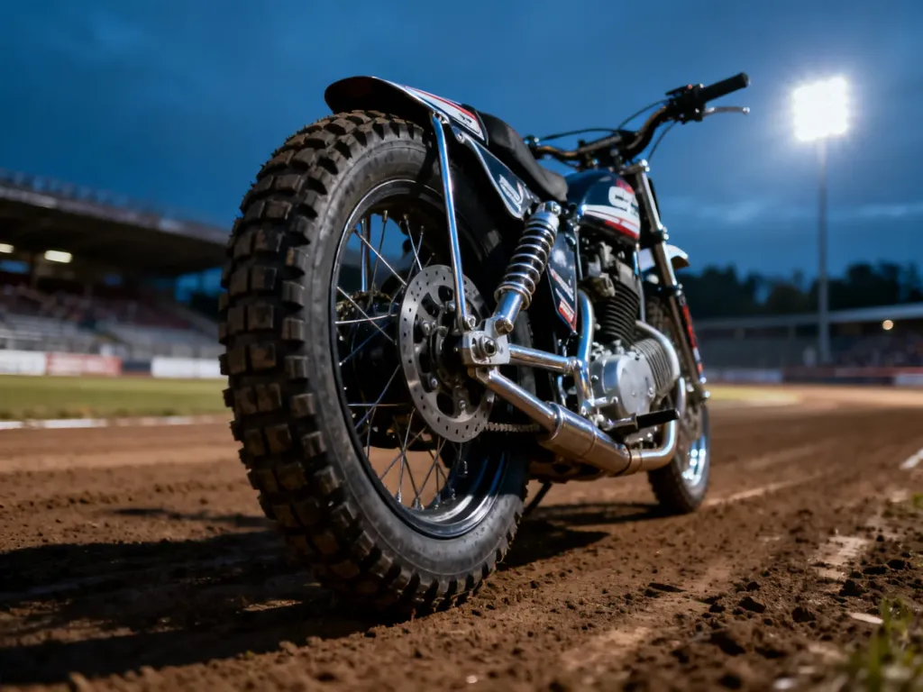 Profesjonalny motocykl żużlowy zaparkowany na torze żużlowym w blasku wieczornych świateł stadionu.