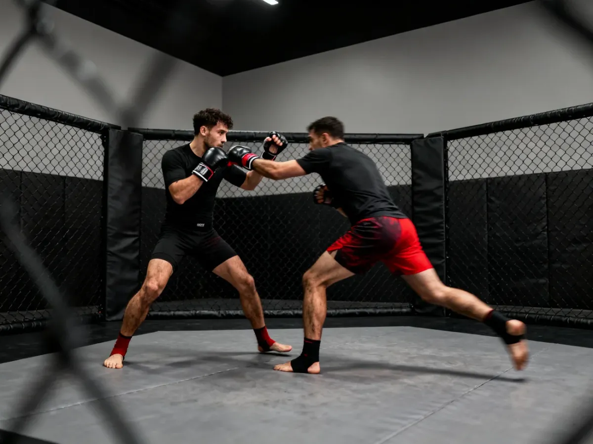 Zawodnicy MMA podczas przejścia ze stójki do obalenia w klatce treningowej